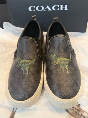 Coach Black Slip-On Sneakers with Green Dinosaur Graphic